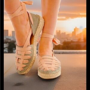Free People Heat Wave Wrap Espadrilles-Peach Combo Wrap-Style Straps Leather 7.5